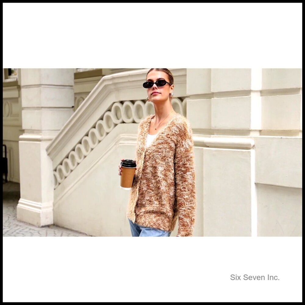 Striped V-Neck Cardigan Fuzzy Knit Oversized Chic Fall Winter Outerwear - Picture 7 of 7